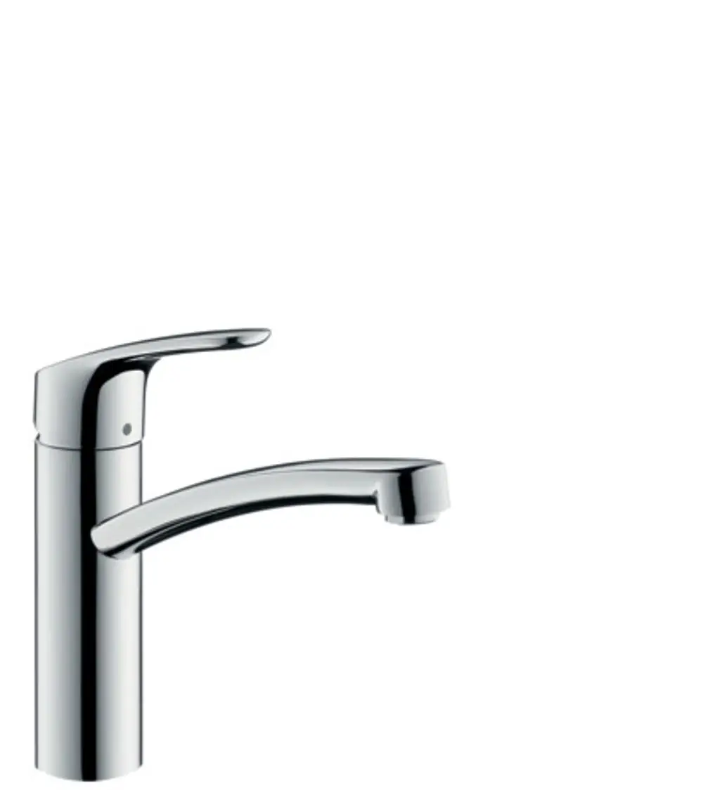 Chromfarbener Spültischmischer von Hansgrohe mit einem geschwungenen Auslauf und einem ergonomischen Hebel zur Wasserregulierung.